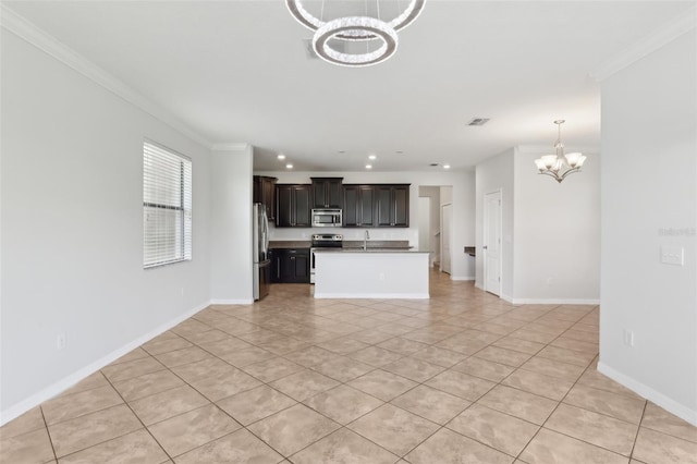 1119 Ballard Green Pl, Brandon, FL 33511 - unfurnished living room featuring a chandelier, light tile patterned floors, crown molding, baseboards, and recessed lighting