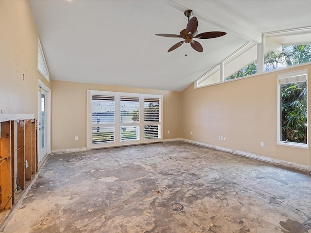 unfurnished room featuring plenty of natural light, a ceiling fan, baseboards, high vaulted ceiling, and beamed ceiling