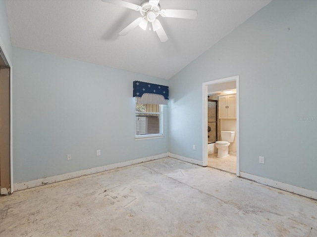 unfurnished bedroom with baseboards, ensuite bathroom, a ceiling fan, and high vaulted ceiling