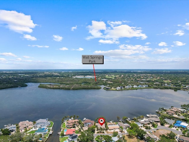 aerial view of residential area featuring a large body of water