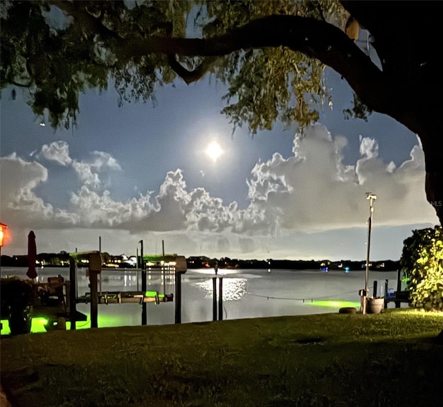 water view featuring boat lift and a dock