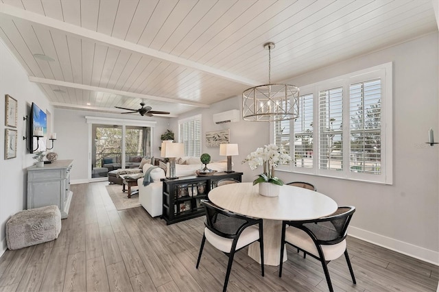 dining area with an AC wall unit, wood ceiling, a chandelier, wood finished floors, and baseboards