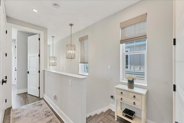 hall featuring a chandelier, baseboards, and wood finished floors