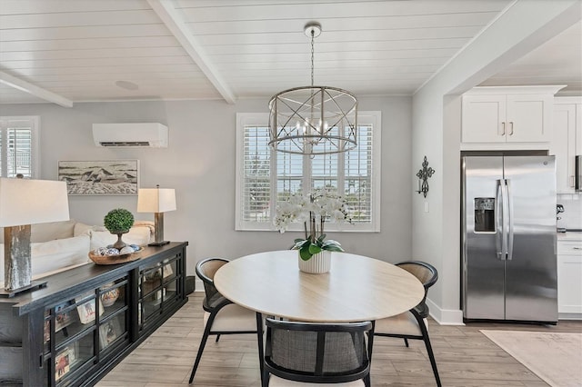 4357 Marina View Way, Cortez, FL 34215 - dining area with an AC wall unit, healthy amount of natural light, a chandelier, light wood-type flooring, and a wooden ceiling with exposed beams
