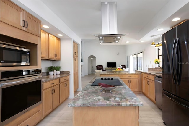 kitchen with black appliances, open floor plan, island exhaust hood, light brown cabinets, and recessed lighting