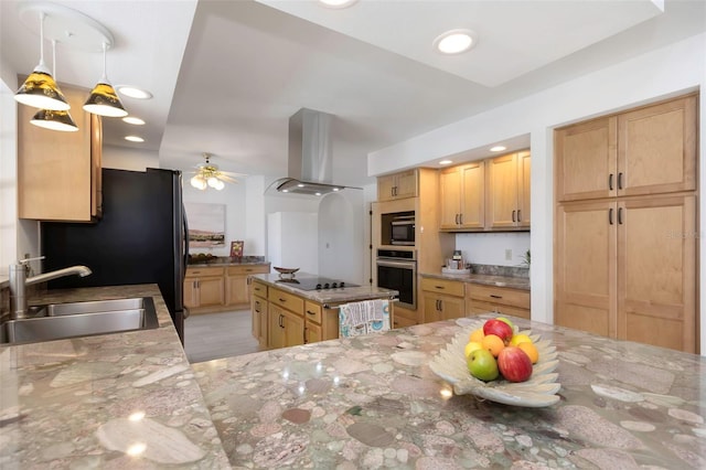 kitchen with stainless steel oven, island exhaust hood, a sink, built in microwave, and ceiling fan
