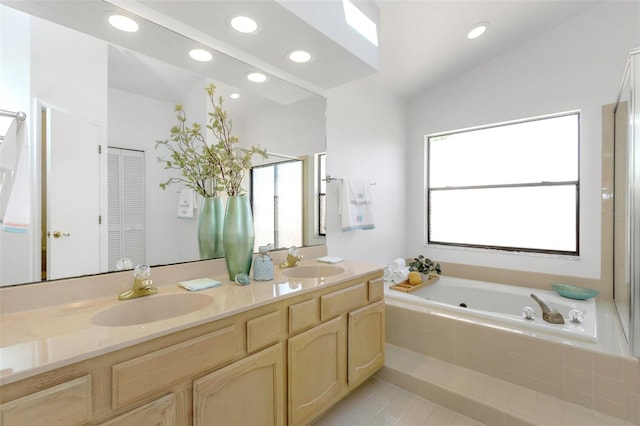 full bathroom with recessed lighting, a bath, double vanity, tile patterned flooring, and a shower with door