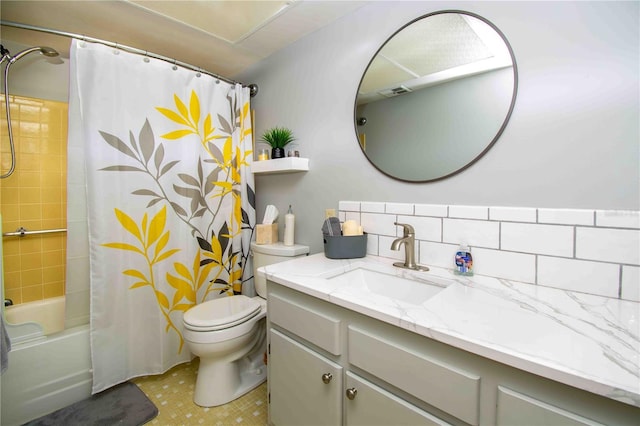 full bath with vanity, toilet, shower / tub combo, and decorative backsplash