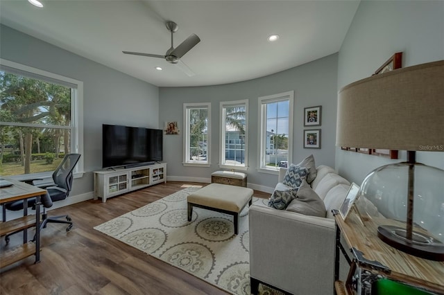 15805 Redington Dr, Redington Beach, FL 33708 - living area with a ceiling fan, wood finished floors, an office area, baseboards, and recessed lighting