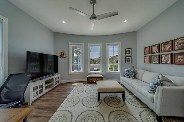 15805 Redington Dr, Redington Beach, FL 33708 - living room featuring ceiling fan, dark wood finished floors, recessed lighting, and baseboards