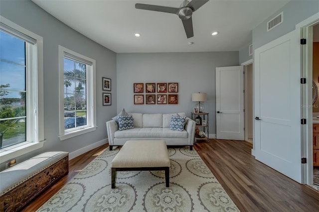 15805 Redington Dr, Redington Beach, FL 33708 - living room with ceiling fan, wood finished floors, recessed lighting, and baseboards