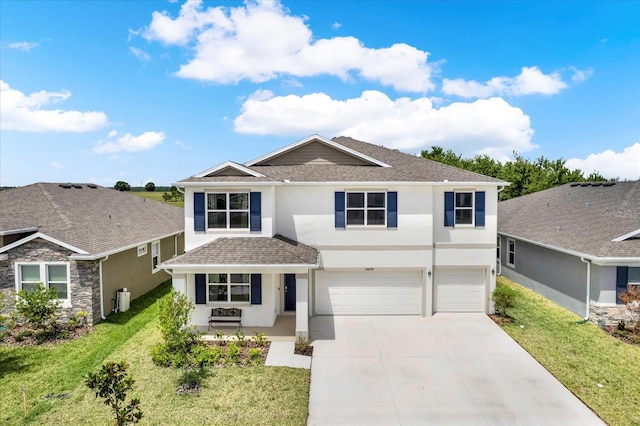 10379 Bridgegate Heights Loop, San Antonio, FL 33576 - traditional-style house with stucco siding, an attached garage, driveway, a front lawn, and a porch