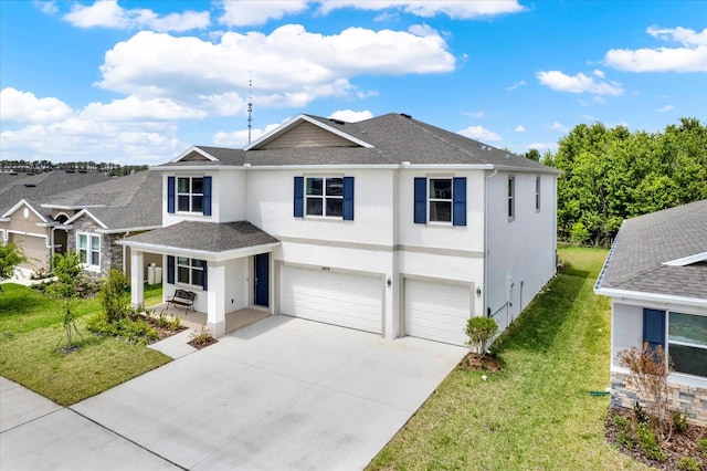 10379 Bridgegate Heights Loop, San Antonio, FL 33576 - traditional-style home featuring a garage, stucco siding, a shingled roof, and a front yard