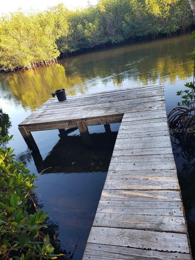 dock with a water view and a view of trees