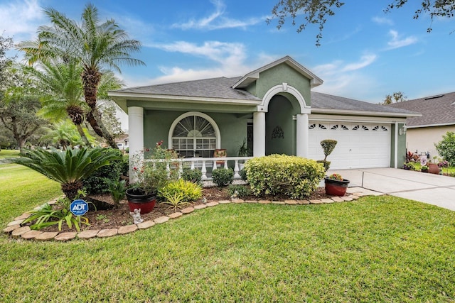 view of front facade with stucco siding, an attached garage, concrete driveway, and a front yard