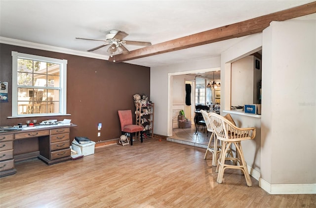 504 Casas Bonitas Dr, Nokomis, FL 34275 - office area with a ceiling fan, light wood-type flooring, healthy amount of natural light, baseboards, and beam ceiling