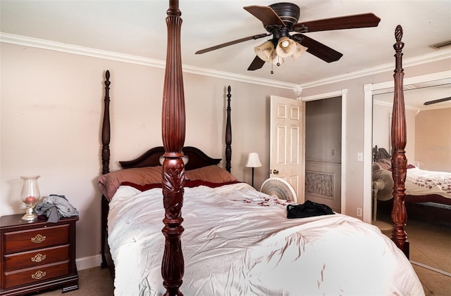 504 Casas Bonitas Dr, Nokomis, FL 34275 - bedroom featuring crown molding, a ceiling fan, baseboards, and tile patterned flooring