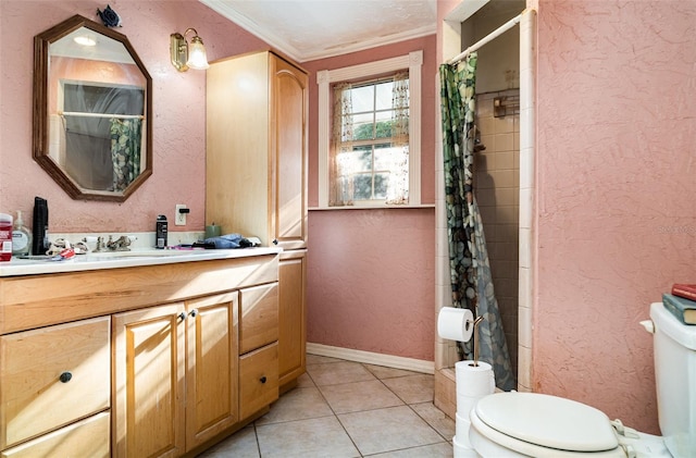 504 Casas Bonitas Dr, Nokomis, FL 34275 - full bath with toilet, ornamental molding, tile patterned flooring, a shower with shower curtain, and vanity