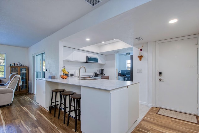 2870 Rampart Cir, Clearwater, FL 33761 - kitchen with stainless steel appliances, white cabinetry, a peninsula, light countertops, and wood finished floors