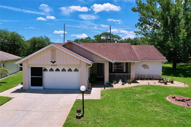 10520 Tapestry Dr, Port Richey, FL 34668 - ranch-style home with a front yard, driveway, a garage, and brick siding