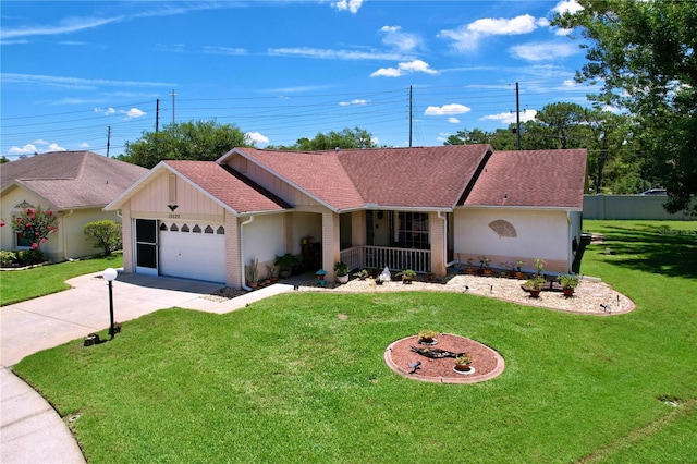 10520 Tapestry Dr, Port Richey, FL 34668 - ranch-style home with concrete driveway, a garage, roof with shingles, brick siding, and covered porch