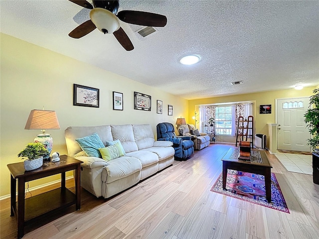 10520 Tapestry Dr, Port Richey, FL 34668 - living area with a textured ceiling, wood finished floors, and ceiling fan