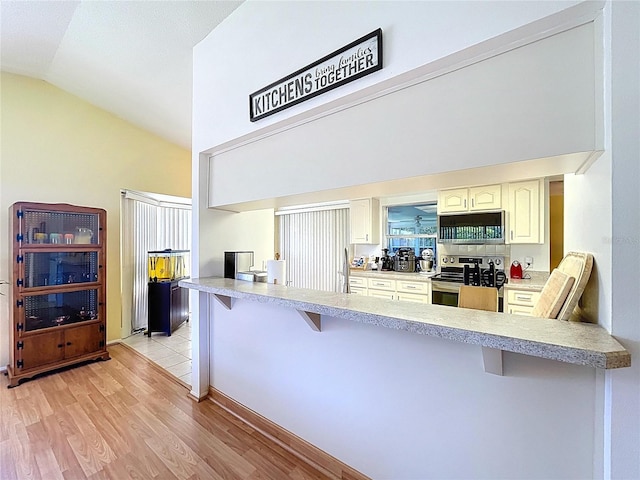 10520 Tapestry Dr, Port Richey, FL 34668 - kitchen with stainless steel appliances, a kitchen bar, vaulted ceiling, light countertops, and light wood-style floors