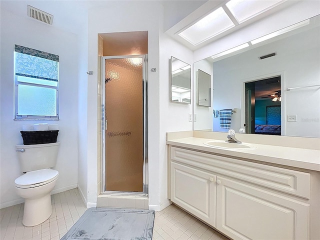 10520 Tapestry Dr, Port Richey, FL 34668 - ensuite bathroom with tile patterned floors, a shower stall, vanity, and ceiling fan