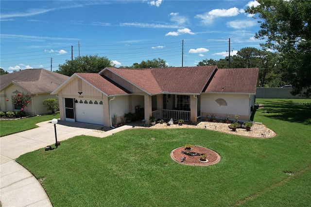 10520 Tapestry Dr, Port Richey, FL 34668 - ranch-style house with a front lawn, concrete driveway, a garage, covered porch, and a shingled roof