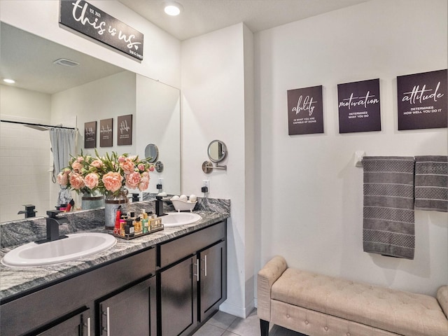 17012 Oval Rum Dr, Wimauma, FL 33598 - full bathroom featuring double vanity, tile patterned floors, a shower with curtain, and recessed lighting