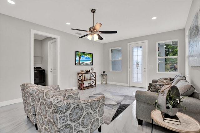 4071 45th Ave N, Saint Petersburg, FL 33714 - living room featuring light marble finish flooring, recessed lighting, a ceiling fan, and baseboards