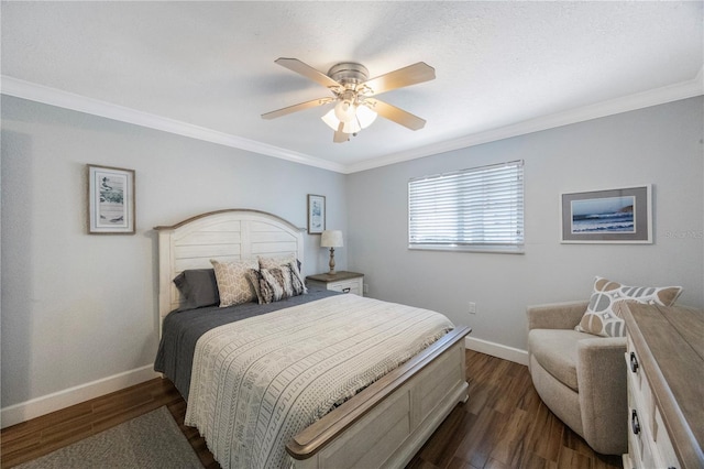 4103 Gulf Blvd Unit 107, St Pete Beach, FL 33706 - bedroom featuring baseboards, ornamental molding, dark wood-type flooring, and ceiling fan