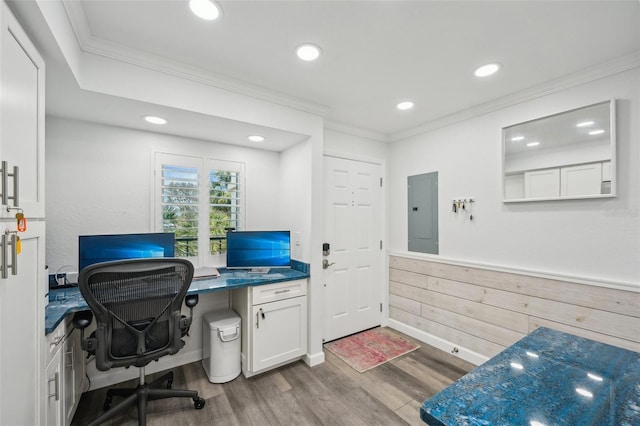 7564 Bayshore Dr Unit 302, Treasure Island, FL 33706 - office area featuring electric panel, wood finished floors, crown molding, recessed lighting, and wainscoting