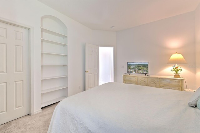 bedroom with light colored carpet