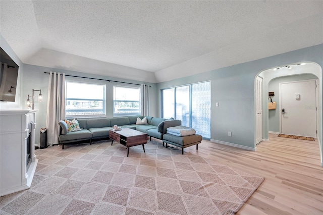 2003 Cordova Grn, Seminole, FL 33777 - living area with vaulted ceiling, a textured ceiling, light wood-style flooring, a tiled fireplace, and arched walkways