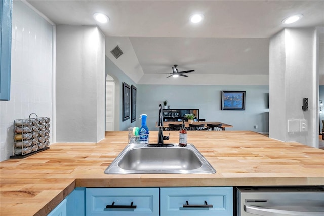2003 Cordova Grn, Seminole, FL 33777 - kitchen featuring butcher block counters, a sink, dishwasher, a ceiling fan, and recessed lighting