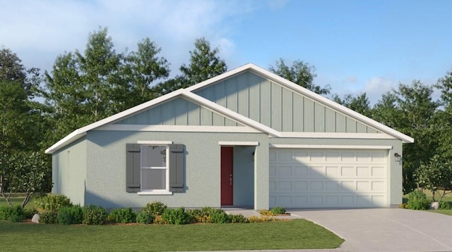 view of front of home featuring board and batten siding, a garage, driveway, and a front lawn