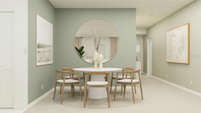 carpeted dining area featuring baseboards