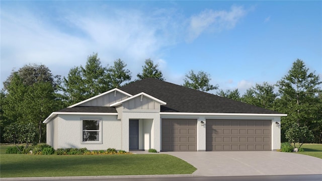 view of front facade with a garage, concrete driveway, a front yard, and board and batten siding