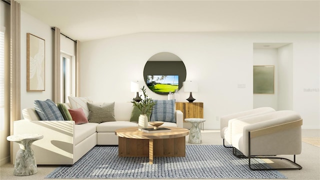living room featuring carpet, lofted ceiling, and baseboards