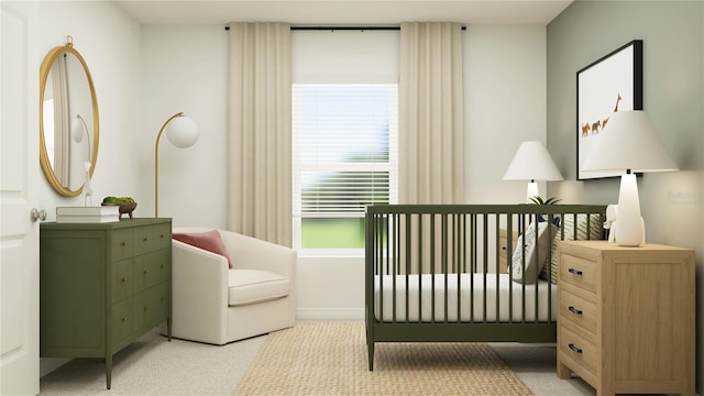 bedroom featuring multiple windows, baseboards, and light colored carpet