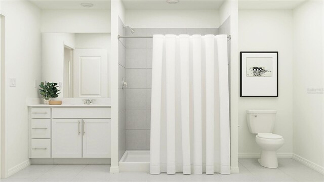 bathroom featuring tiled shower, tile patterned flooring, baseboards, vanity, and toilet