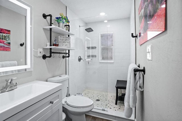 3245 Freemont Ter S, Saint Petersburg, FL 33712 - bathroom featuring tiled shower, toilet, vanity, and recessed lighting