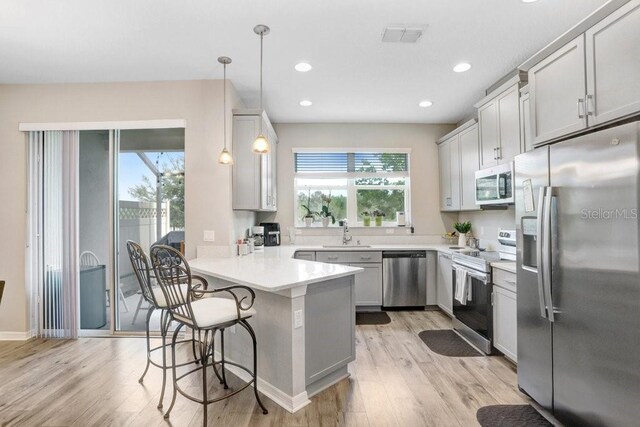 29901 Southwell Ln, Wesley Chapel, FL 33543 - kitchen featuring appliances with stainless steel finishes, a sink, a peninsula, a breakfast bar area, and light wood-style flooring