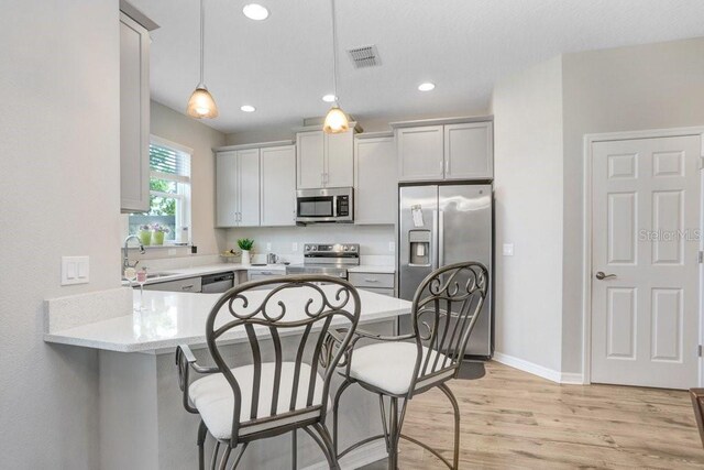 29901 Southwell Ln, Wesley Chapel, FL 33543 - kitchen featuring appliances with stainless steel finishes, a peninsula, a sink, a kitchen breakfast bar, and light wood-style flooring
