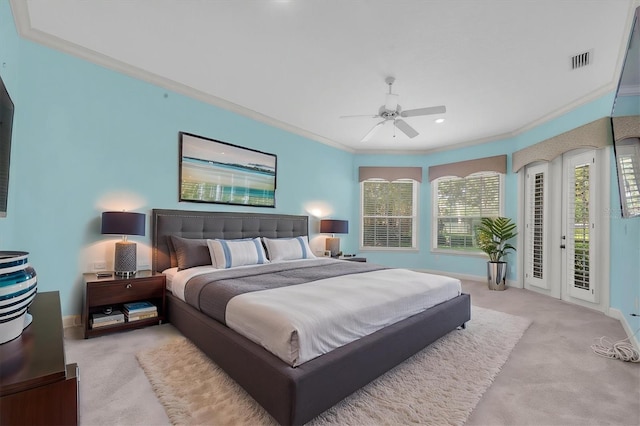 12002 Hope Ln, Tampa, FL 33618 - bedroom featuring carpet flooring, ornamental molding, access to outside, baseboards, and a ceiling fan