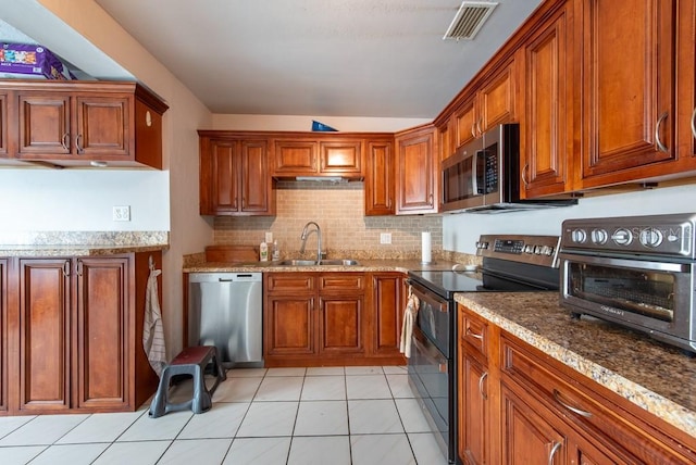 8305 75th Pl, Seminole, FL 33777 - kitchen with appliances with stainless steel finishes, a sink, brown cabinets, and backsplash