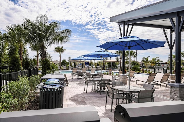 view of patio featuring a community pool and fence