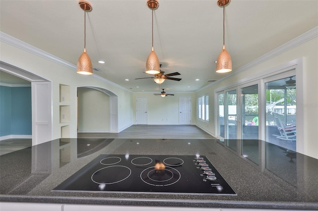 10922 Park Dr, Riverview, FL 33569 - kitchen featuring black electric cooktop, ceiling fan, ornamental molding, recessed lighting, and pendant lighting