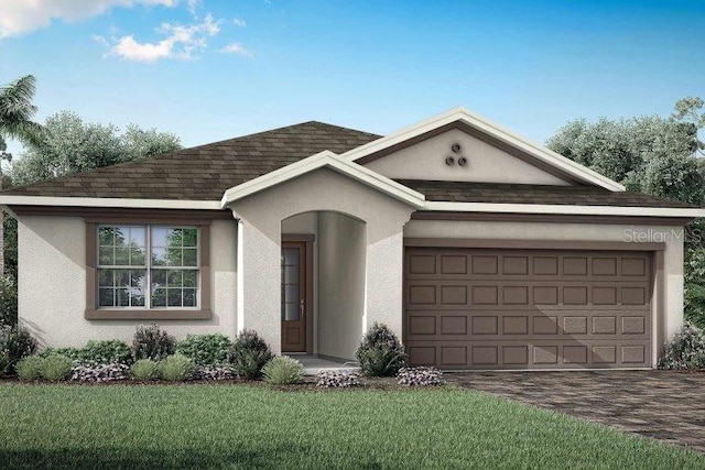 single story home with stucco siding, a garage, driveway, a front lawn, and a shingled roof